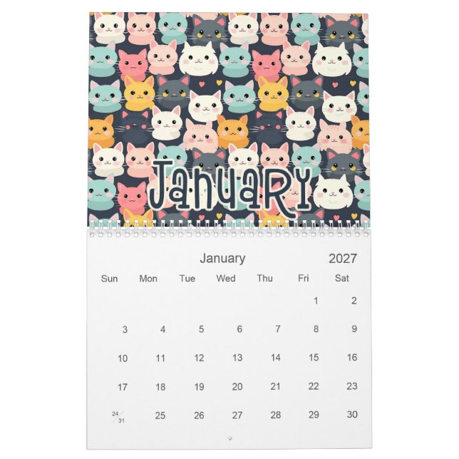 Calendrier 12 Cat Cute Motif Design sans couture (Jan 2027)