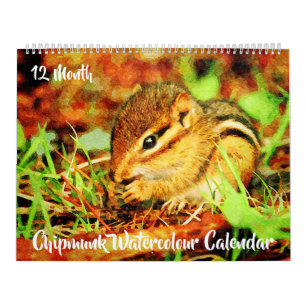 Calendrier 12 mois - Aquarelle de la faune des Chipmunks rayé