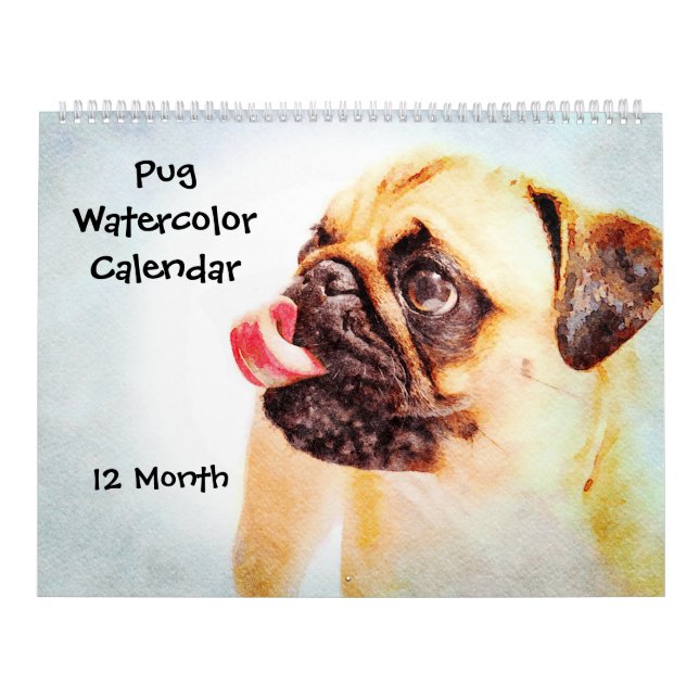 Calendrier 12 Mois Carlin mignonne Chiens Animaux Aquarelle A (Protection)