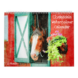 Calendrier 12 Mois Clydesdale Cheval Lourd Aquarelle Cadeaux