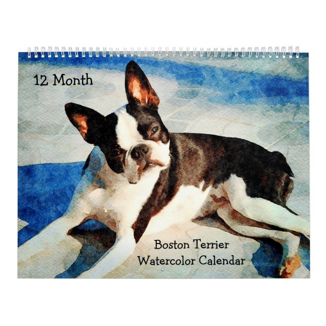 Calendrier 12 Mois Cute Boston Terrier Chiens Aquarelle Cadea (Protection)