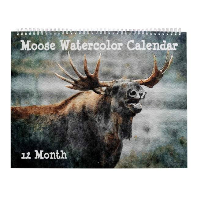 Calendrier 12 Mois - Moose Watercolor Peinture Art de la faun (Protection)