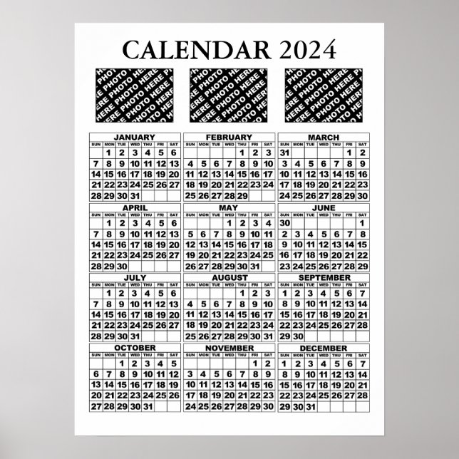 Calendrier 2024 Ajouter 3 Photos Poster Blanc 18x2 (Devant)