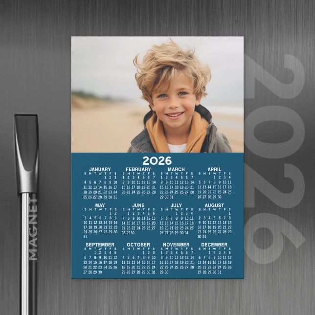 Calendrier 2024 avec photo Bleu Blanc carte magnét (2026 Calendar with A Photo and Magnetic Back)