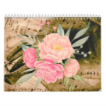 Calendrier 2024, Fleur aquarelle, Musique Vintage
