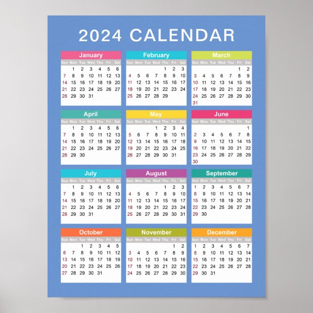 Calendrier 2024 mignon et coloré | Poster (Devant)