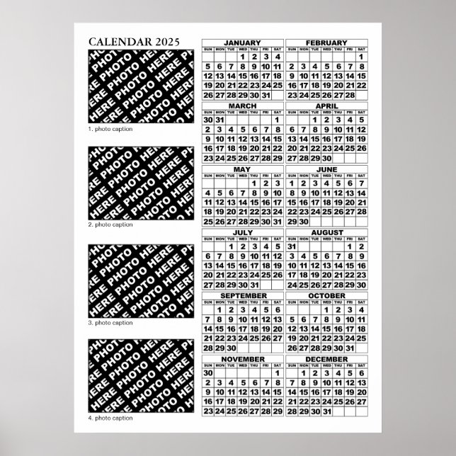 Calendrier 2025 Ajouter 4 Photos Poster 24x32in (Devant)