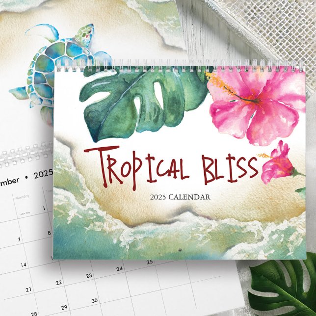 Calendrier 2025 Annuaires d'aquarelle tropicale (Calendar with tropical watercolor art by Victoria Grigaliunas of Do Tell A Belle)