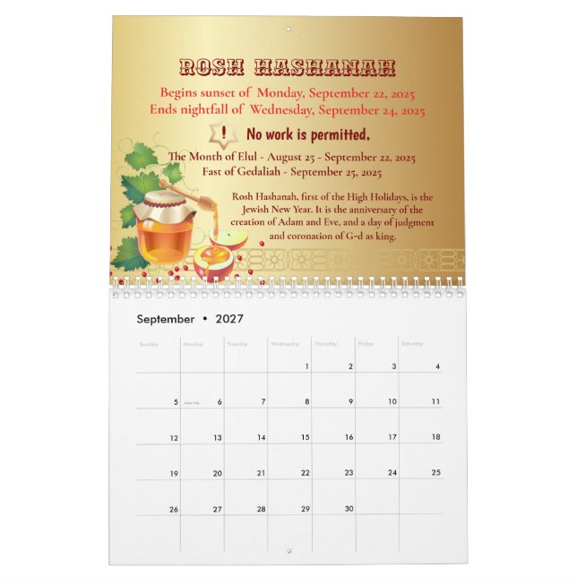 Calendrier 2025 avec Fête juive - De Purim À Hanoukka (Sep 2027)