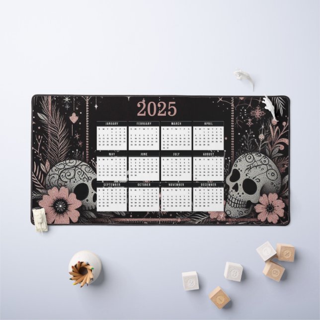 Calendrier 2025 avec fleurs et crânes (Tableau pour enfants)