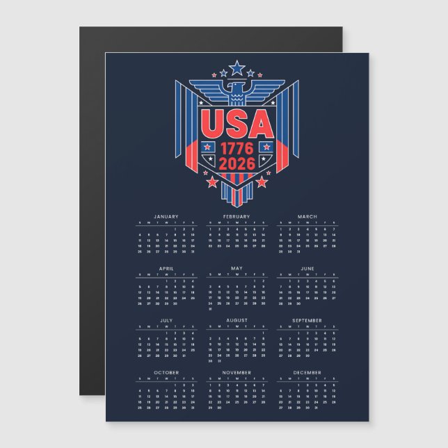 Calendrier 2026 (1776-2026 USA) Carte magnétique (Devant / Derrière)