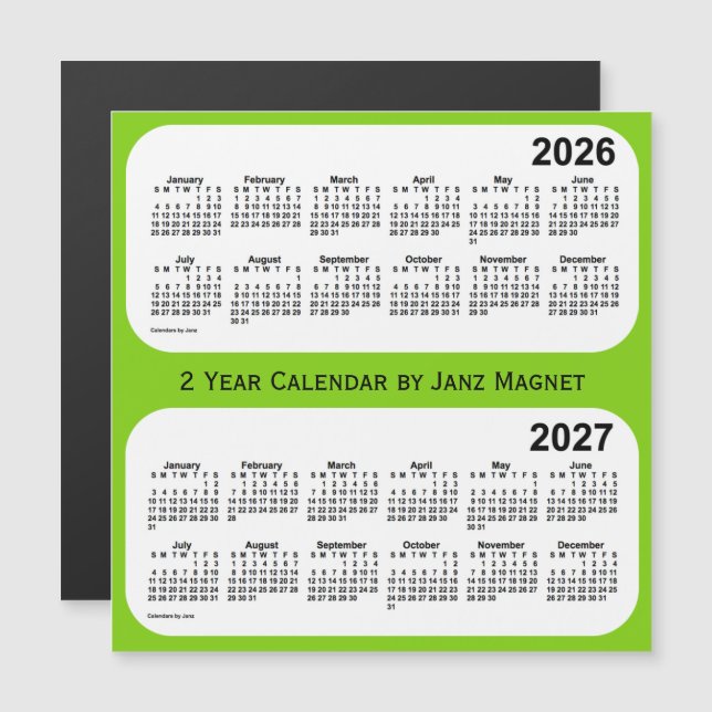 Calendrier 2026-2027 Vert Jaune 2 Année par Janz (Devant / Derrière)