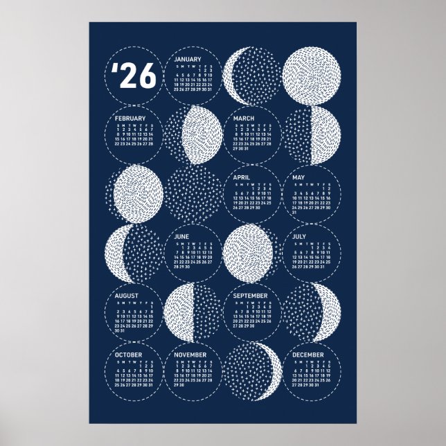 Calendrier 2026 Affiche Phases Lunaires Sashiko (Devant)