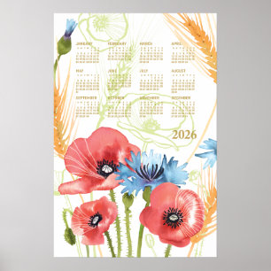 Calendrier 2026 Affiche Poppy Aquarelle