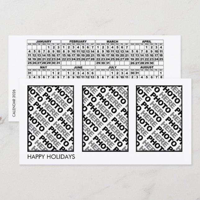 Calendrier 2026 Ajouter 3 Photos Carte (Devant / Derrière)