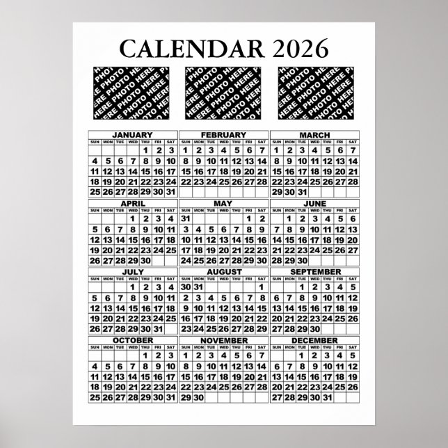 Calendrier 2026 Ajouter 3 Photos Poster Blanc 18x2 (Devant)