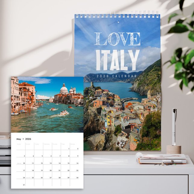 Calendrier 2026 Amour Italie (Italy 2026 wall calendar cover showing sunlit Italian villages, coastal views, and landscapes)