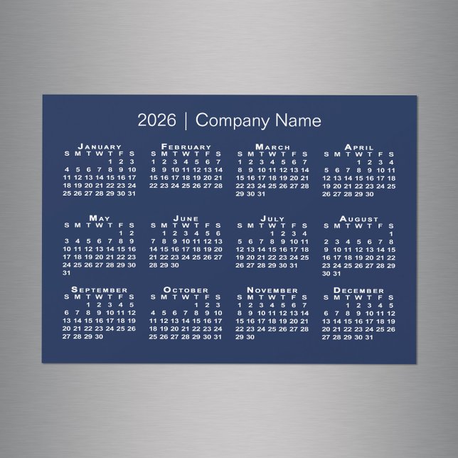 Calendrier 2026 avec nom de l'entreprise Marine Bl (2026 Calendar with Company Name Navy Blue Magnet in situ)