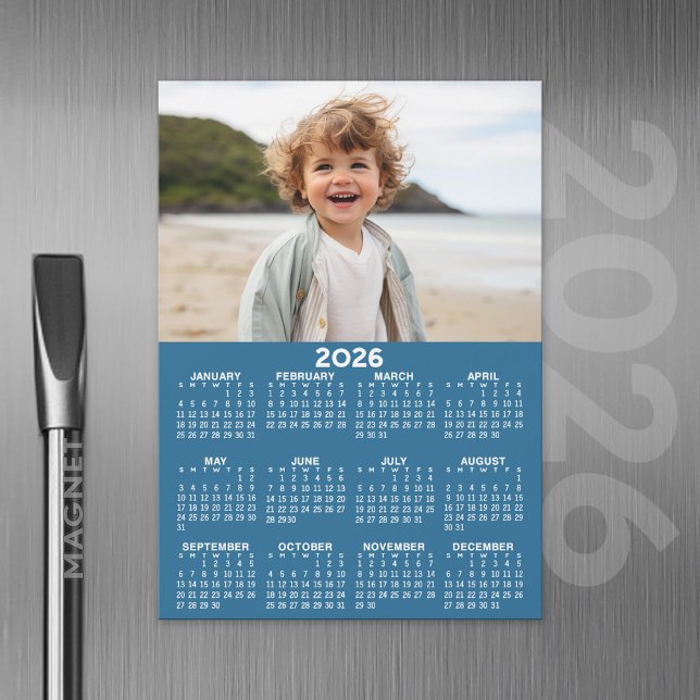Calendrier 2026 avec photo - Vue Année Carte magné (2026 Calendar Magnet with Custom Photo)