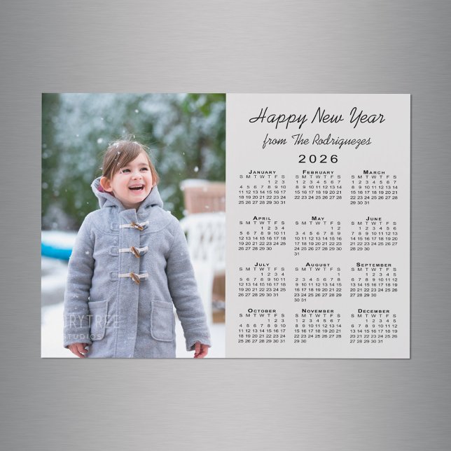 Calendrier 2026 Bonne année Photo Grey Magnet (2026 Calendar Happy New Year Photo Gray Magnet in situ)
