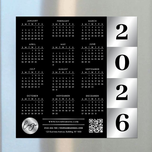 Calendrier 2026 Business Logo QR Code Black & Silv (Créateur téléchargé)