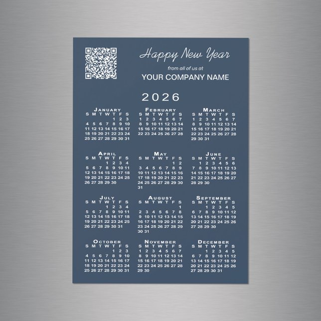 Calendrier 2026 Business QR Code Marine Holiday Ma (2026 Calendar Business QR Code Navy Holiday Magnet in situ)