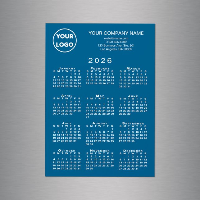 Calendrier 2026 Carte magnétique Texte Logo Entrep (2026 Calendar Business Logo Text Blue Magnet Card, in situ)