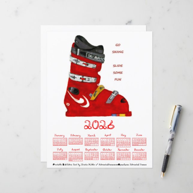 Calendrier 2026 Chaussure de Ski Aller Ski Glisser (Devant/Arrière en situation)