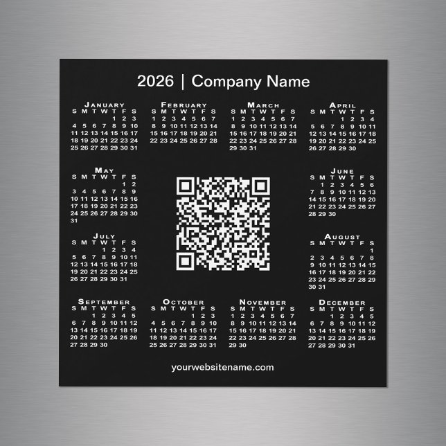 Calendrier 2026 Code QR personnalisé Entreprise Ai (2026 Calendar Custom Business QR Code Black Magnet in situ)