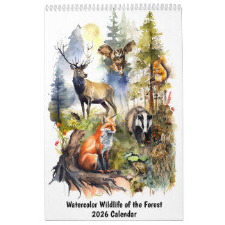 Calendrier 2026 de la faune forestière à l'aquarel
