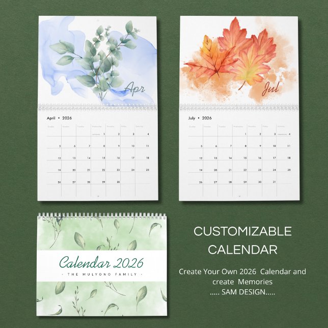 Calendrier 2026 des feuilles à l'aquarelle | Natur (Créateur téléchargé)