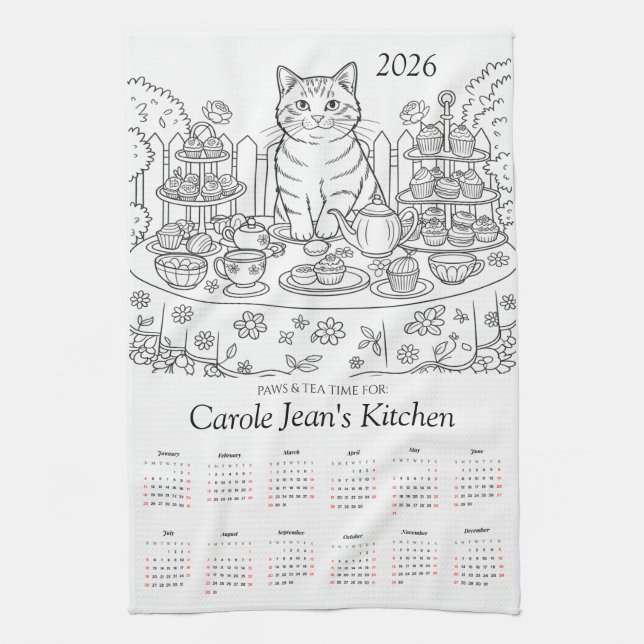 Calendrier 2026 des torchons de cuisine Paws & Tea (Vertical)