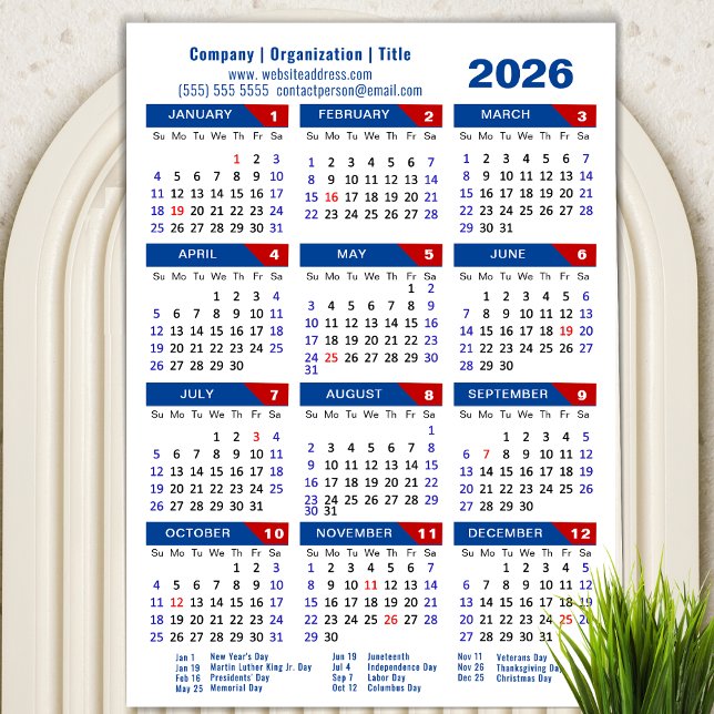 Calendrier 2026 Entreprise Simple Bleu Rouge Magné (Créateur téléchargé)