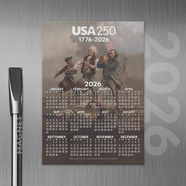 Calendrier 2026 - Esprit de 76 - 250ème Amérique (2026 Calendar Magnet with USA 250 Celebration Theme)