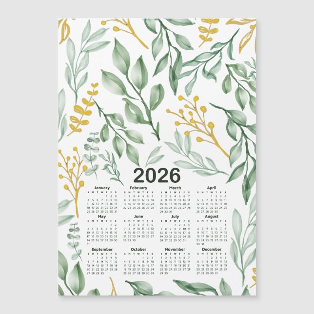 Calendrier 2026 Feuilles verts & Floral jaune doré (Devant)