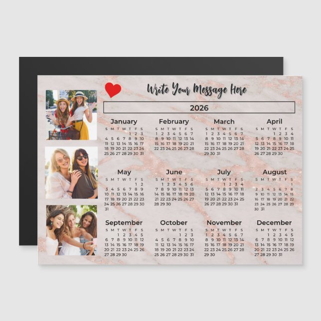 Calendrier 2026 Magnet Collage Photo Marbre Rose (Devant / Derrière)