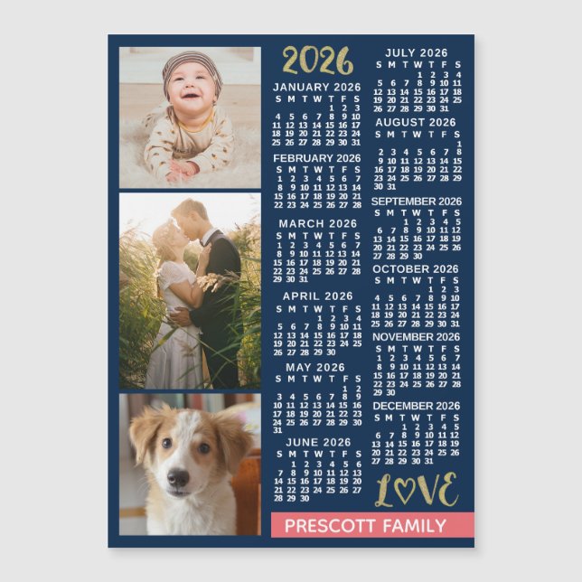 Calendrier 2026 Navy Corail Or Collage Photo Aiman (Devant)
