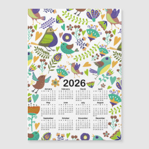 Calendrier 2026 Oiseaux et fleurs verts et bleus