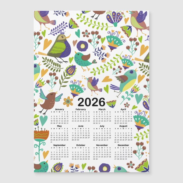 Calendrier 2026 Oiseaux et fleurs verts et bleus (Devant)