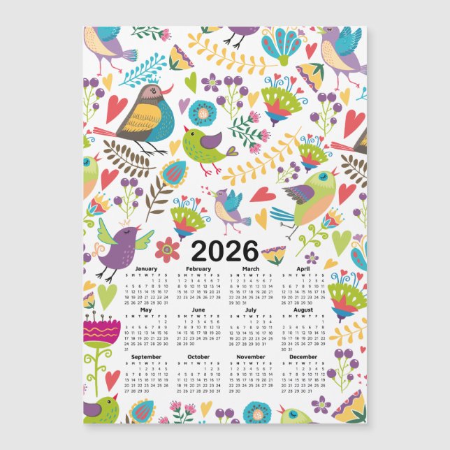 Calendrier 2026 Oiseaux multicolores et fleurs (Devant)