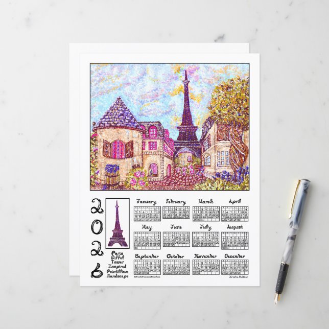 Calendrier 2026 Paysage Pointillisme Paris Tour Ei (Devant/Arrière en situation)
