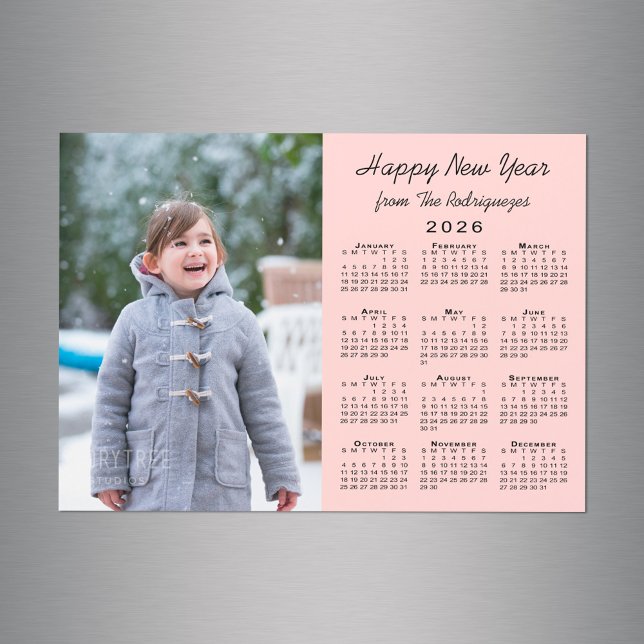 Calendrier 2026 Photo Rose Joyeux nouvel an Magnet (2026 Calendar Photo Pink Happy New Year Magnet in situ)