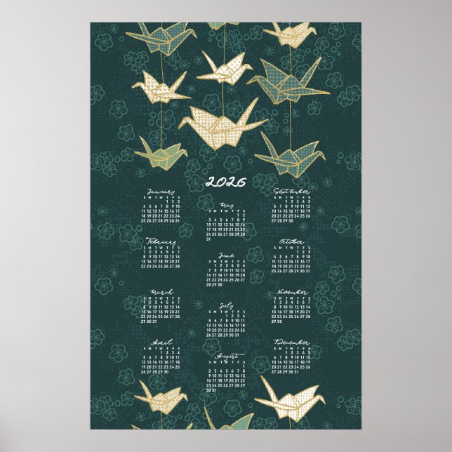 Calendrier 2026 Poster origami Grues Vert et Or (Devant)