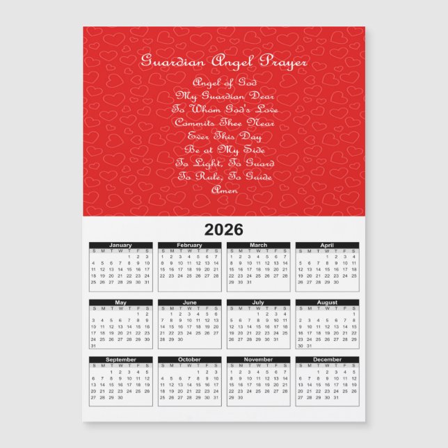 Calendrier 2026 Prière de l'ange gardien Cœurs rou (Devant)