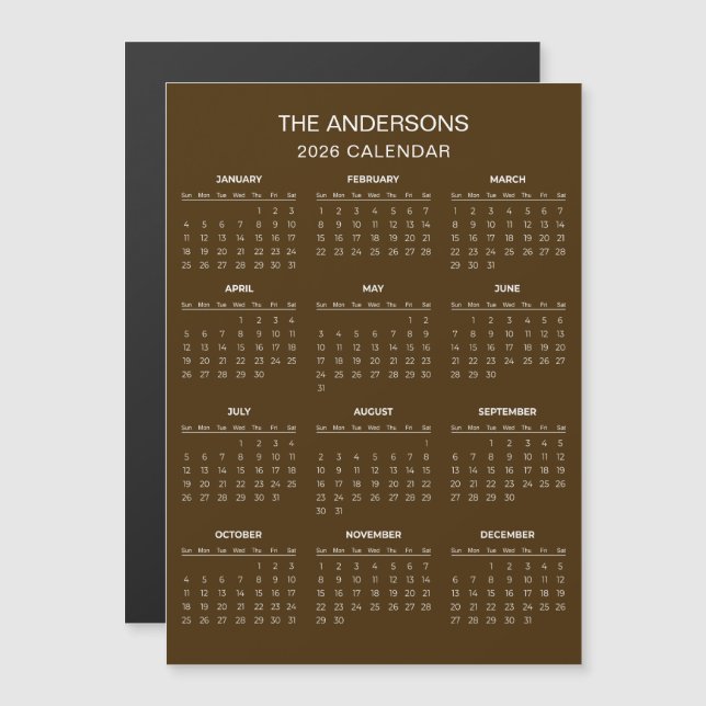 Calendrier 2026 Simple mais Élégant | Aimant (Devant / Derrière)