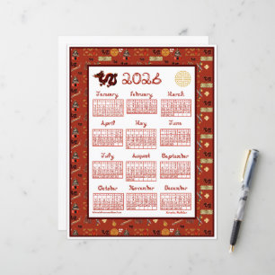 Calendrier 2026 Thème Chinois Rouge Police de Cara