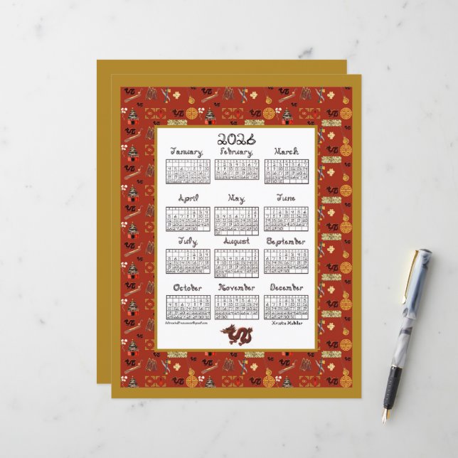 Calendrier 2026 Thème Chinois Rouge Répétition Tis (Devant/Arrière en situation)