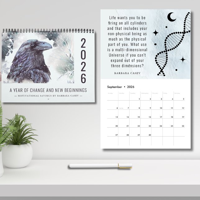 Calendrier 2026 Universal Year of Change Motivational Sayings (2026 Year of Changes New Beginnings Raven Symbolism Barbara Casey Quotes Calendar)