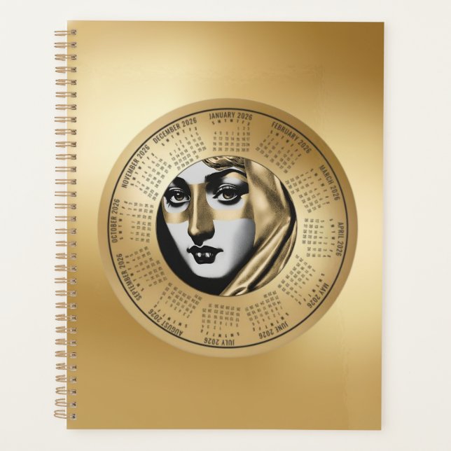 Calendrier 2026 Visage de Femme en Noir et Or (Devant)