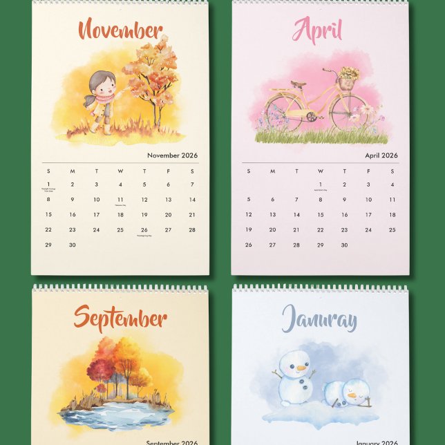 Calendrier 2026 Watercolor Seasons Calendar (Créateur téléchargé)